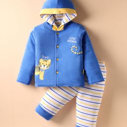 Child World Knit Full Sleeves Winter Wear Hooded Sweatjacket & Lounge Pant Set With Animal Embroidery - Blue-picture-31