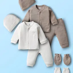 I Bears Knitted Full Sleeves Striped Co-Ords Night Suit With Cap & Mittens Pack Of 2 - Grey & White-picture-12