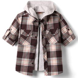 Rikidoos Full Sleeves Checked Shirt With Attached Hooded Tee Set - Dark Maroon & Melange-picture-35