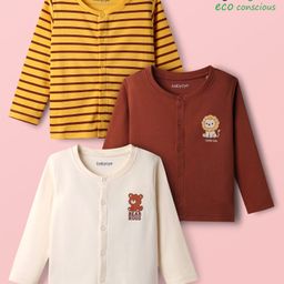 Babyoye Male 100% Cotton Knit Full Sleeves Jhablas with Strips & Animal Print Pack of 3 - White Brown & Yellow-picture-8