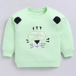 CUTOPIES Cotton Knit Full Sleeves Space Cat Printed Light Winter Sweatshirt - Lime Green-picture-1