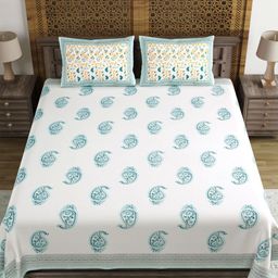 Myntra Elegant Homes Turquoise Blue & White Floral 180 TC King Bedsheet with 2 Pillow Covers-image-66