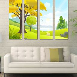 999Store Green & Yellow 4 Panel Green Tree Wall Art-46