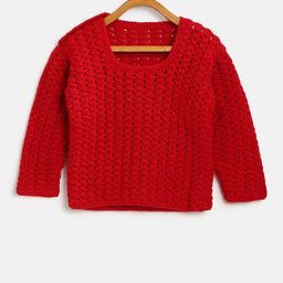 CHUTPUT Kids Red Woollen Open Knit Self Design Sweater-17