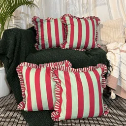 LUSHLYF Green & Maroon 4 Pieces Striped Pure Cotton Square Cushion Covers-image-91