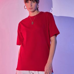 QIOA Round Neck Cotton Oversized T-shirt-image-42