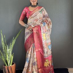 KALINI Kalamkari Printed Zari Kanjeevaram Saree-image-85