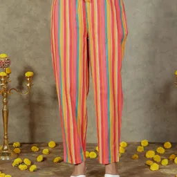 Aramya Women Striped Straight-Fit Cotton Mid-Rise Regular Trousers-image-77
