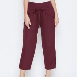 DODO & MOA Women Maroon Regular Fit Solid Cropped Trousers-image-32