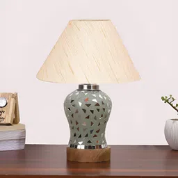 Aura Off White Frustum Shaped Wooden Table Lamp-picture-2