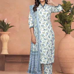 Navlik Floral Printed V Neck Thread Work Pure Cotton Straight Kurta & Trousers & Dupatta-image-2
