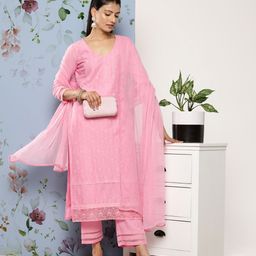 Libas Women Pink Floral Embroidered Thread Work Pure Cotton Kurta with Trousers & With Dupatta-picture-17