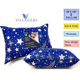 VILLAGERS Set of 2 Blue Star Printed Cotton Filled Polyester Washable Sleep Pillows-image-88