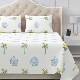 BELLA CASA Off White & Blue Ethnic Motifs 180 TC King Bedsheet with 2 Pillow Covers-picture-3