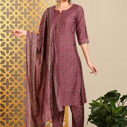 Anouk Burgundy Floral Printed Chanderi Silk Straight Kurta With Trousers & Dupatta-6