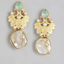 Anouk Gold-Plated Artificial Stones Studded & Beaded Peacock Shaped Drop Earrings image 3