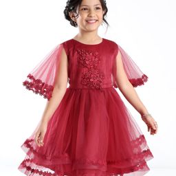 Mark & Mia Half Sleeve Knee Length Party Dress with Net & Floral Applique Detailing - Maroon-image-65