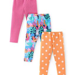Babyhug Cotton Lycra Knit Full Length Tropical & Polka Dots Printed Leggings Pack of 3 - Pink Blue & Orange-image-59