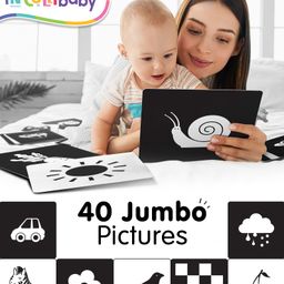 Intellibaby Large High Contrast Premium B&W Flash Cards|40 B&W Visuals|Non Toxic|Anti Glare|Tummy Time Play|Visual Stimulation|Paediatrician Approved-13