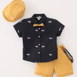 ToffyHouse Half Sleeves Shirt & Shorts Set With Waistcoat & Bow Aircraft Print - Black & Brown-picture-34