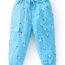 Babyhug Cotton Lycra With Stretch Woven Full Length Trousers With Bird Print - Blue-image-28