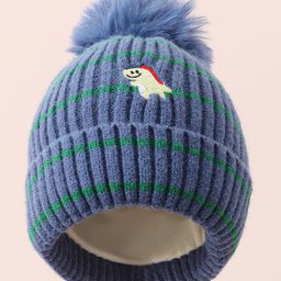 Babyhug Woollen Cap with Dino Embroidery Pom Pom Detailing - Blue-11
