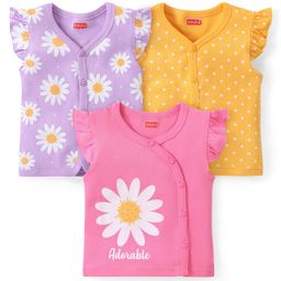 Babyhug 100% Cotton Knit Frill Sleeves Front Open Jhablas with Floral & Polka Dots Print Pack Of 3 - Multicolour-picture-28