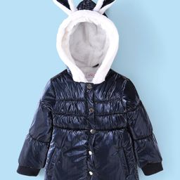 Babyhug Woven Full Sleeves Front Open Padded Hooded Jacket With Solid Colour & Ears Applique - Navy Blue-image-98