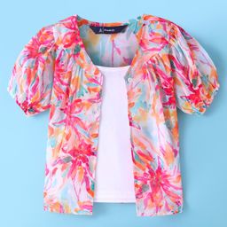 Pine Kids Woven Half Sleeves Floral Printed Top with Solid Colour Vest - White & Pink-image-86