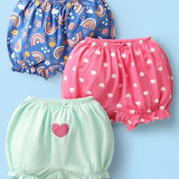 Babyoye Cotton Elastane Knit Heart & Rainbow Printed Bloomers Pack of 3 - Pink Sea Green & Blue-image-114