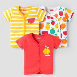 Babyhug 100% Cotton Interlock Knit Front Open Half Sleeves Vests With Striped & Animal Print Pack Of 3 - Red Yellow & White-picture-5