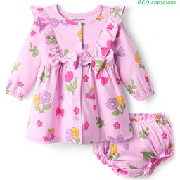 Babyoye 100% Cotton Knit Full Sleeves Front Open Floral Printed Frock with Bloomer Frill Detailing & Bow Applique - Pink-image-86