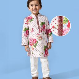 Babyhug Cotton Woven Full Sleeves Cambric Printed Kurta Pyjama Set With Polka Dot & Floral Print - White & Pink-image-15