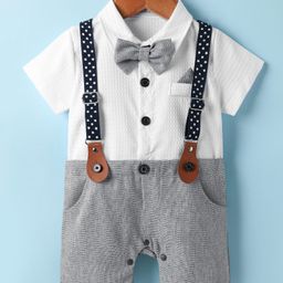 Mark & Mia Woven Half Sleeves Solid Party Romper With Bow & Suspender - White-image-43