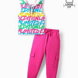 OLLINGTON ST. Cotton Knit Sleeveless Text Printed Hooded Top & Joggers Set - Dark Pink-image-25