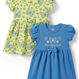 Doodle Poodle Cotton Knit Half Sleeves Frocks with Butterfly Print Pack OF 2 - Blue & Limegreen-image-14
