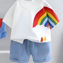 Googo Gaaga Cotton Half Sleeves Rainbow Printed Tee & Shorts Set - White-image-82
