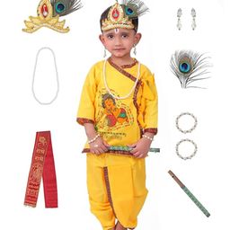 RAJ FANCY DRESSES Woven Janmasthami Theme Three Fourth Sleeves Placket Lace Detailed Lord Krishna Costume Set - Yellow-image-86
