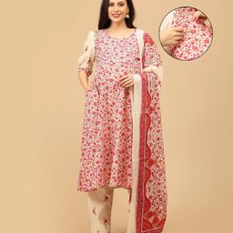 The Mom Store Cotton Knit Three Fourth Puffed Sleeves Floral Printed Maternity & Side Zipper Nursing Access Kurti With Coordinating Pant & Dupatta Set - Multi Colour-picture-9