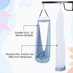 SafeChamp Meander Baby Swing Cradle With Mosquito Net, Pillow, Spring And Metal Window Cradle Hanger (Blue) image 4