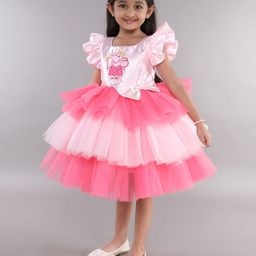 Pink Chick Girls Colourblocked Flutter Sleeve Layered Net Fit & Flare Dress-picture-15