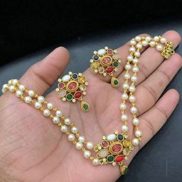ROFARWORD Gold-Plated Artificial Stones Studded & Pearls Beaded Jewellery Set-15