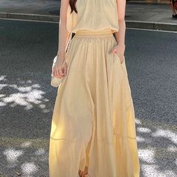 Beige Halter Neck Top with Skirt Co-Ords-image-0