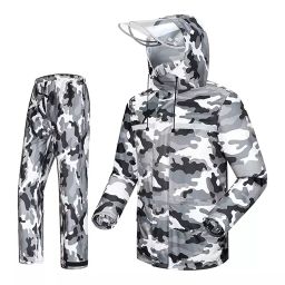 Allextreme Two-Piece Raincoat Grey Color Army Print Size L With Transparent Face Shield, Detachable Hood for Adult Men, EXMK002-01-L-3