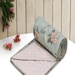 Aura Green & Peach-Coloured Floral AC Room 150 GSM Microfiber Single Bed Dohar-4