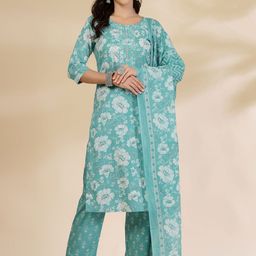 Yufta Floral Printed Mirror Work Pure Cotton Straight Kurta with Trouser & Dupatta-picture-10