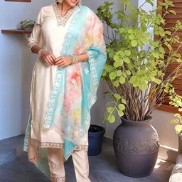 DIVASTRI Women Ethnic Motifs Embroidered Regular Thread Work Kurti with Trousers & With Dupatta-5