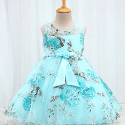 Babyhug Sleeveless  Organza Party Frock With Floral Print & Bow Applique- Grey-image-98