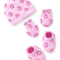 Babyhug 100% Cotton Knit Cap Mittens & Booties Set Floral Print- Pink-image-87