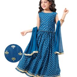 Earthy Touch  Viscose Woven Floral Foil Printed Sleeveless Choli Lehenga Set with Dupatta- Navy Blue & Gold-image-40